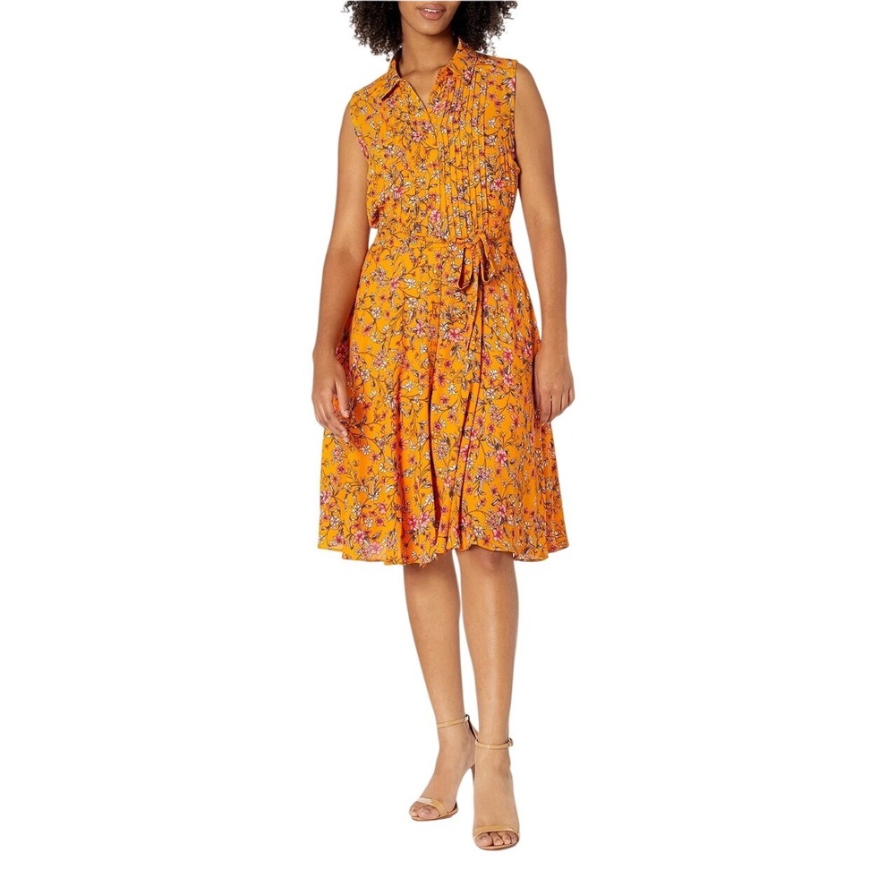 Nanette Nanette Lepore Floral Midi‎ Dress 6 Mustard Yellow Pleated Fit Flare - Picture 2 of 16